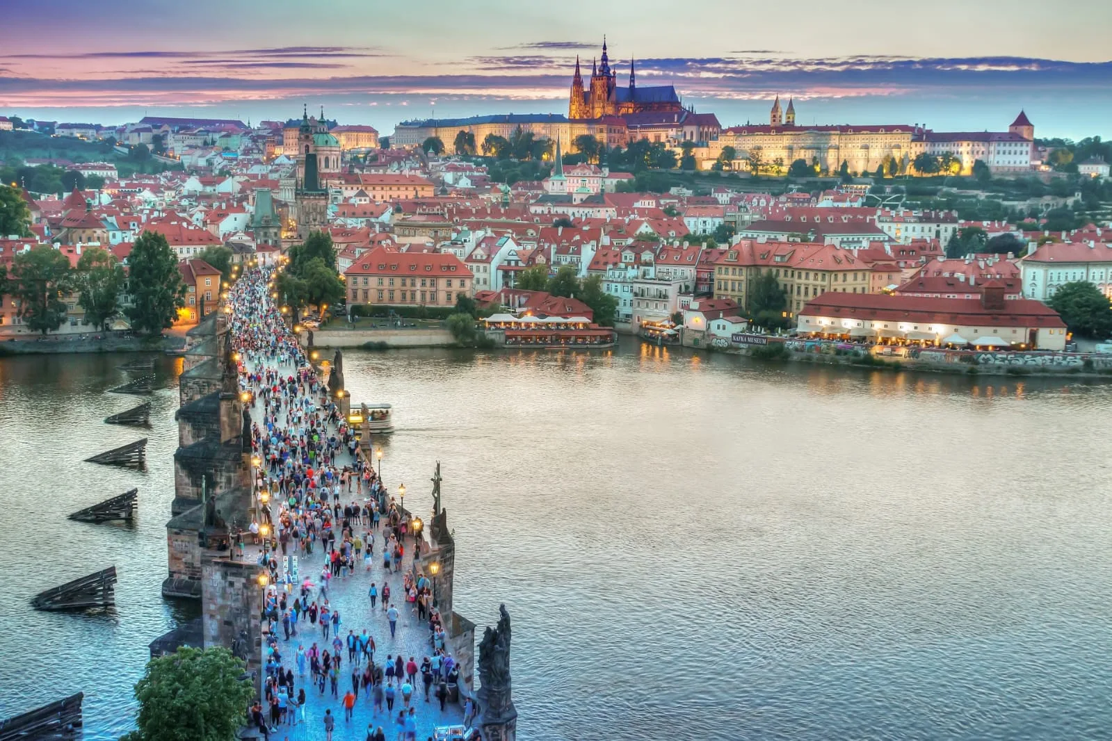 Charles Bridge with statues at sunrise