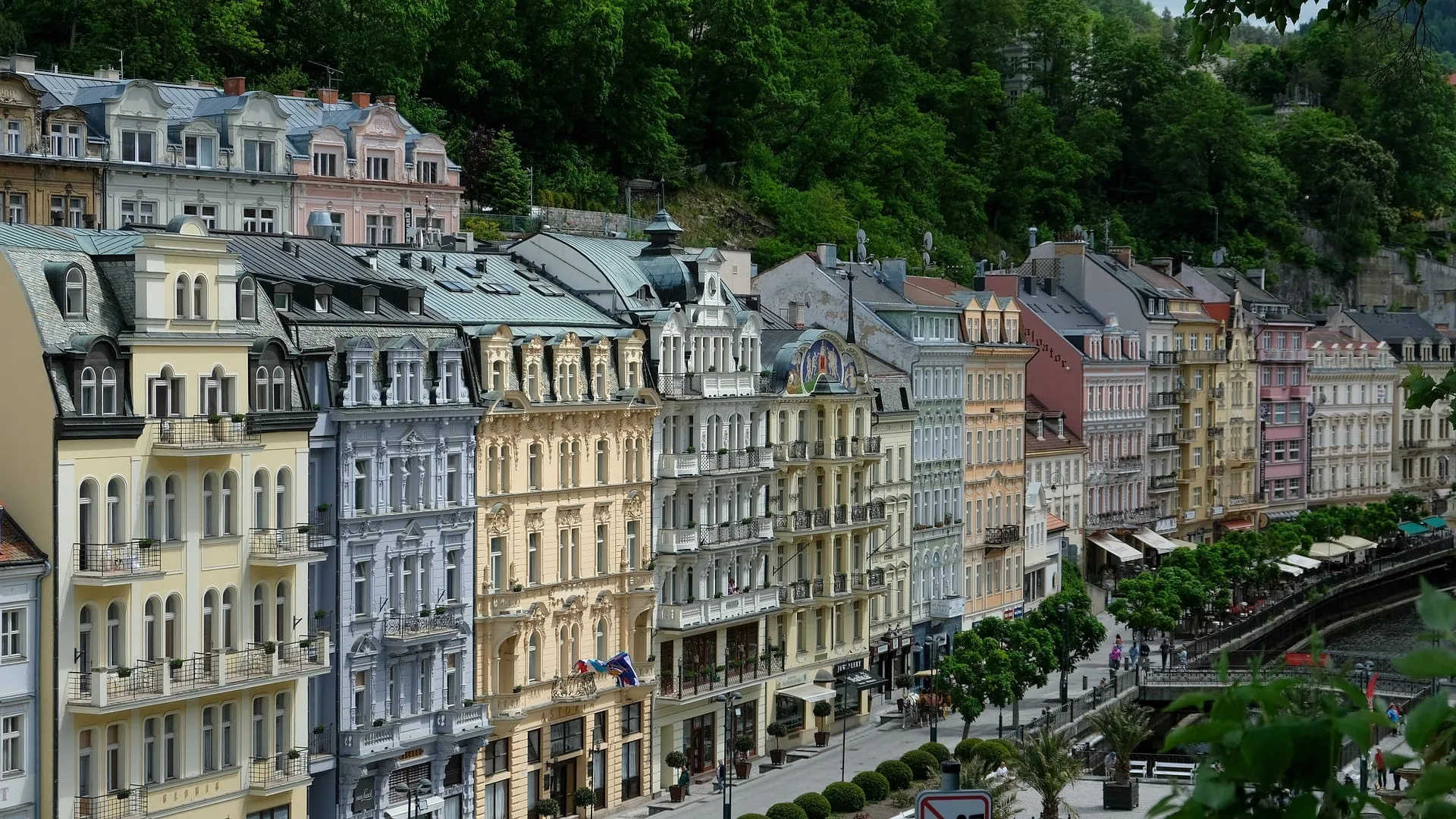Karlovy Vary colonnades with steaming mineral springs