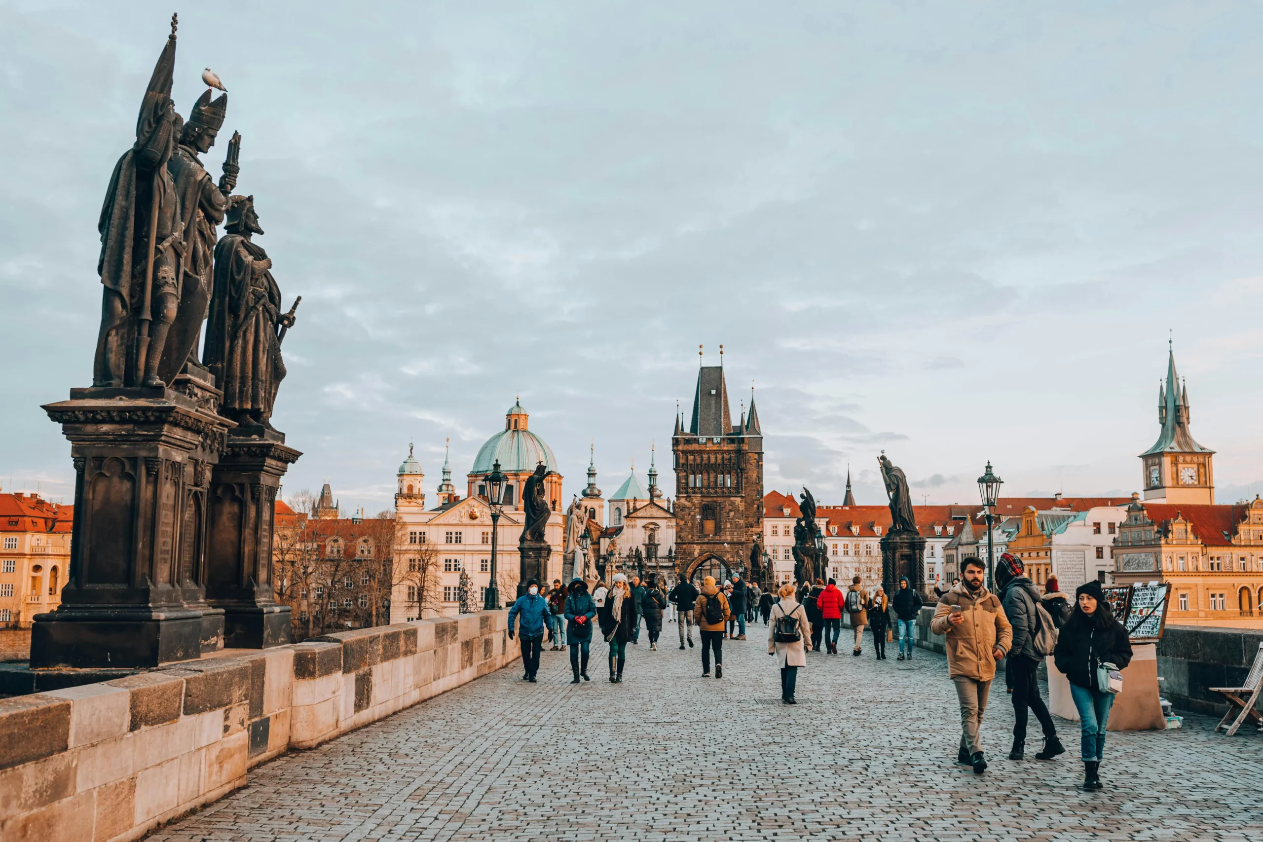 Charles Bridge with statues at sunrise