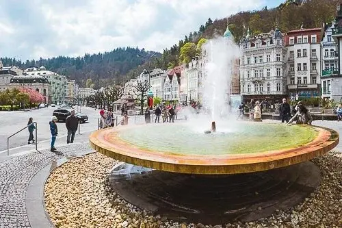Karlovy Vary colonnades with steaming mineral springs