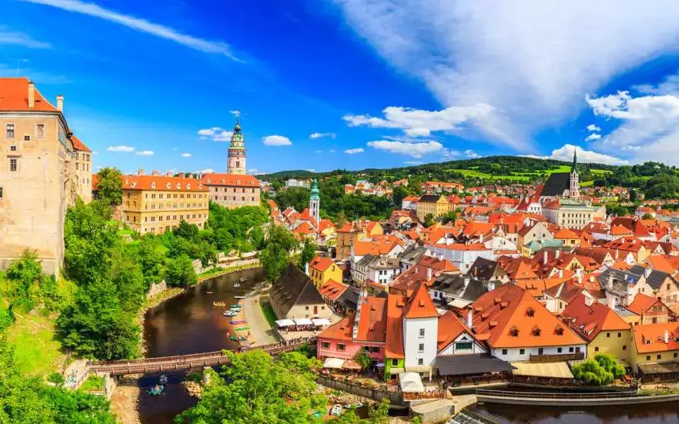 Panoramic view of Český Krumlov Old Town and castle tower