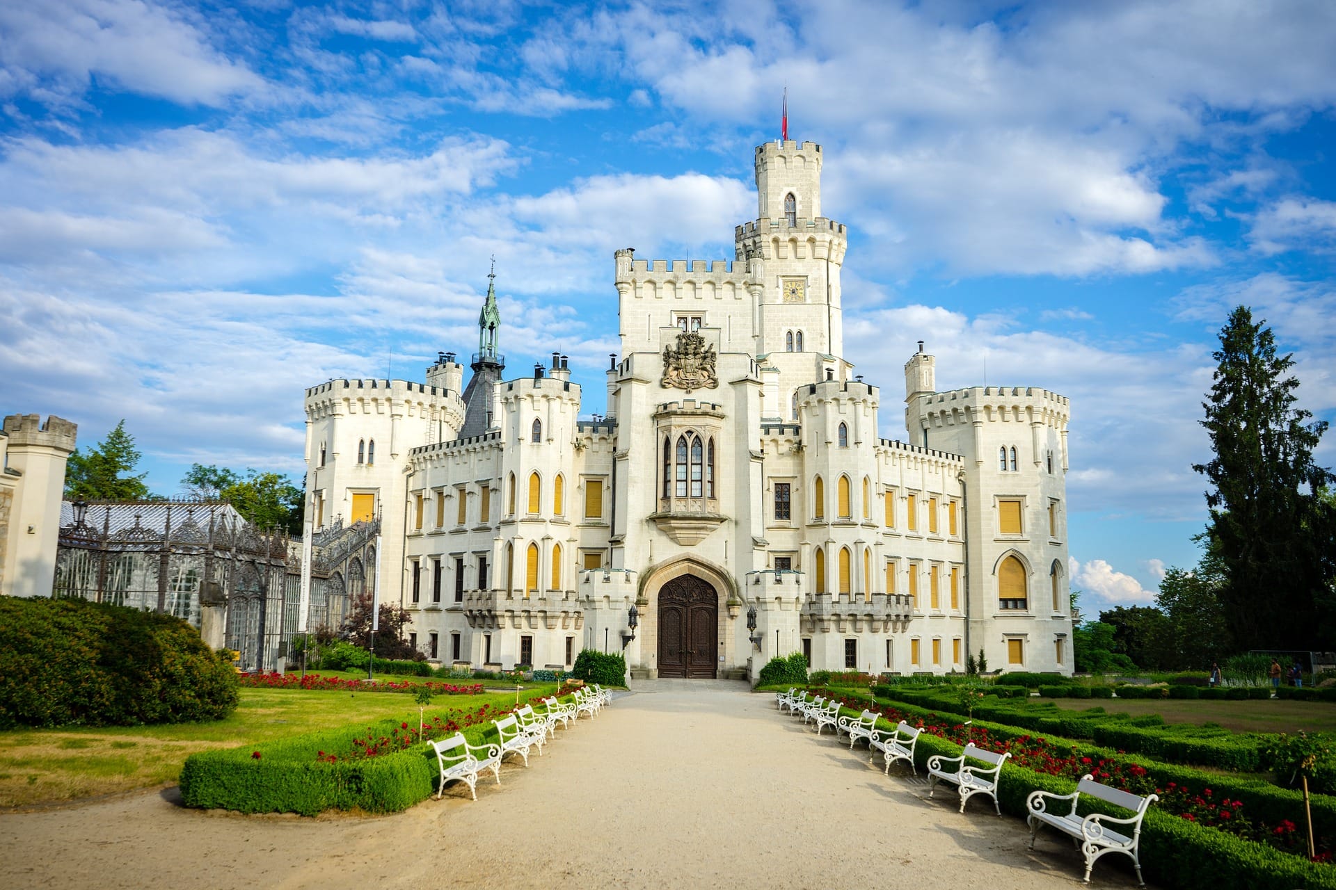 White neo-Gothic Hluboká Castle with gardens
